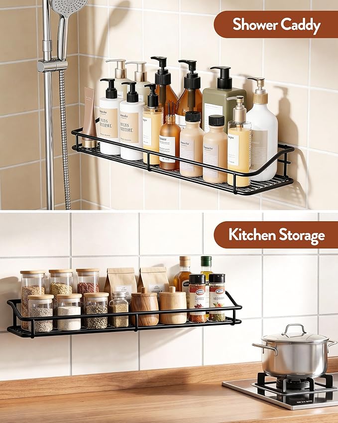 Orimade Adhesive Bathroom Shelf Organizer Shower Caddy Storage Basket Kitchen Spice Rack No Drilling SUS304 Stainless Steel Rustproof, 15.75 inch, Black