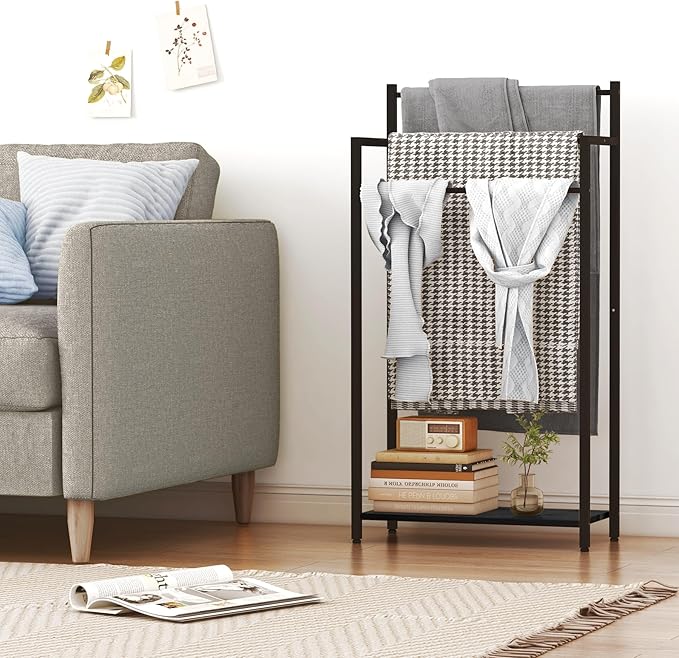 Freestanding Towel Rack, 3 Tier Blanket Ladder Stand with Black Wooden Shelf for Bathroom Living Room (31.5”H x 16.9”W x7.9”D)