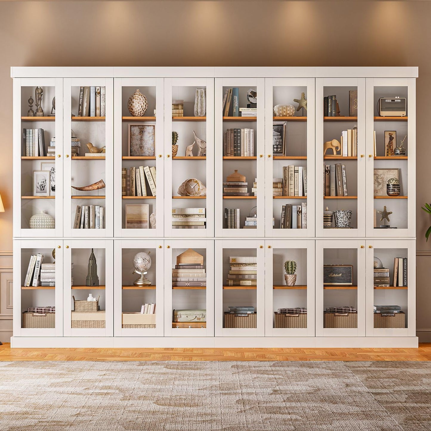 ivaniti 70.8" Tall Bookshelf with Doors, Farmhouse Modular Bookcase with 4-Tier Adjustable Shelves, Large Storage Cabinet for Home Office, Living Room, Brown, Set of 2