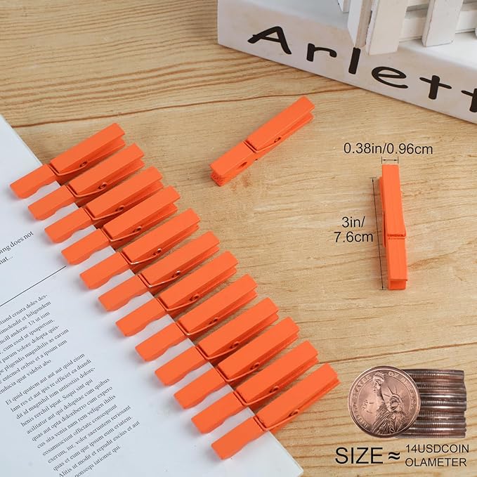 Phinus 72 Pcs Wooden Clothes Pins, 2.9 Inch Clothes Pins for Hanging Clothes, Pictures, Photos, Classroom, Crafts, Decoration, Clothespins Heavy Duty (Orange)