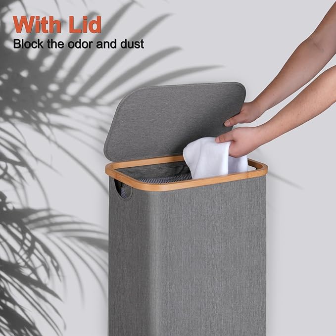 efluky Slim Laundry Basket with Lid, Narrow Laundry Hamper with Removable Bag, Skinny Dirty Clothes Basket with Bamboo Handles for Bathroom, Bedroom & Laundry Room, 75L Grey