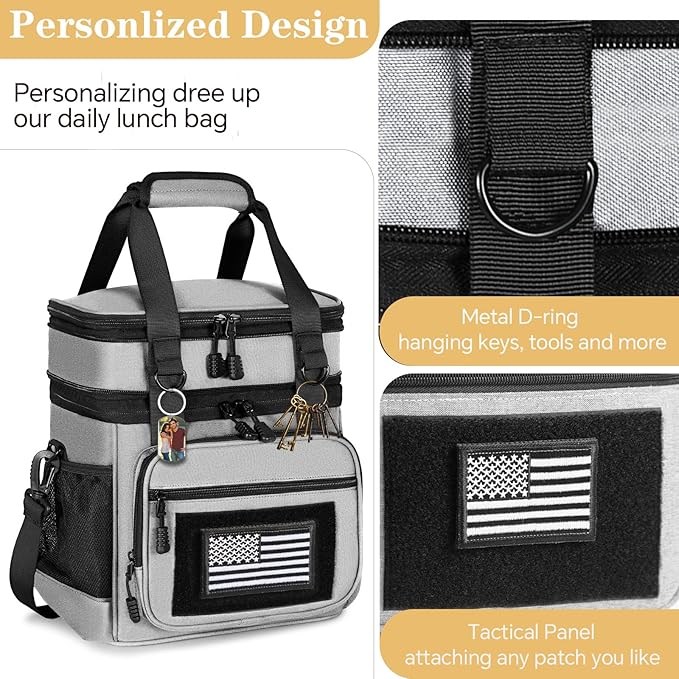 GLENKEY Double Deck Insulated Lunch Box, Expandable Large Lunch Bag Leakproof Cooler Bag Lunch Pail for Men Women Adults Work Shifts Travel Daytrip, Grey,16L