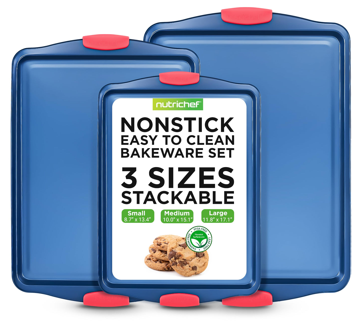 NutriChef 8-Piece Bakeware Set - Nonstick Carbon Steel Baking Pans with Red Silicone Handles, Blue Coating, Durable & Stain-Resistant, Perfect for Baking Cakes, Muffins, Cookies (Blue)