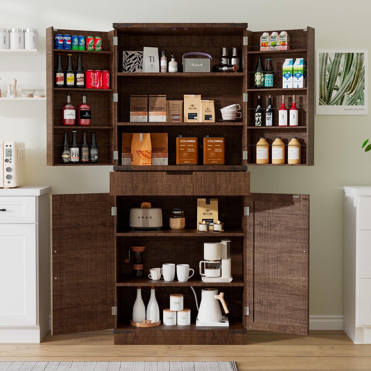 GRUSIGN 72" Tall Storage Cabinet, Kitchen Pantry Cabinet with Adjustable Shelves & Sturdy Steel Frame, Farmhouse Pantry Storage with 4 Barn Doors for Kitchen, Dining Room, and Living Room, Black