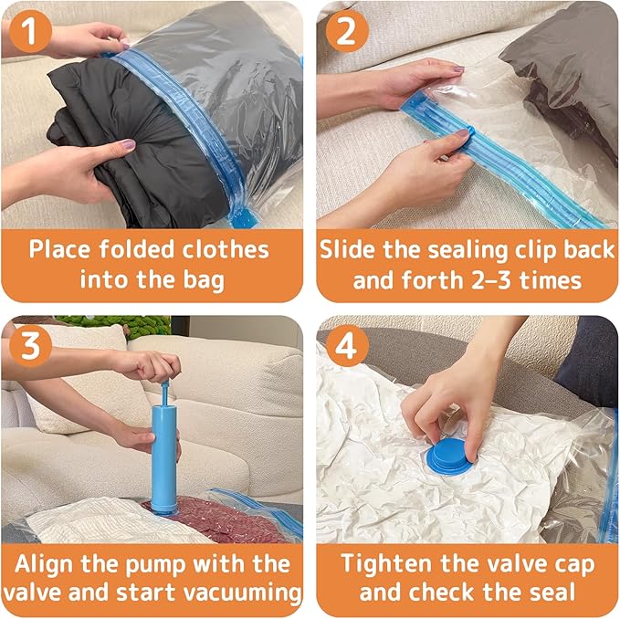12 Pack Travel Vacuum Storage Bags with Hand Pump, Space Saver for Clothing Travel and Clothes, Vacuum Packing Seal for Luggage and Suitcase