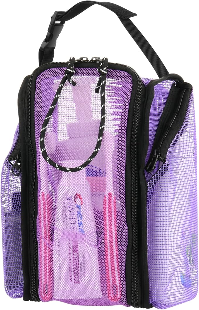 Cosmos Mesh Shower Caddy Toiletry Organizer Hanging Shower Tote Bag, Quick Dry Shower Organizer Portable Bath Bag with Durable Zippers & Side Pockets for Travel Gym Swimming Beach & Camp (Purple)