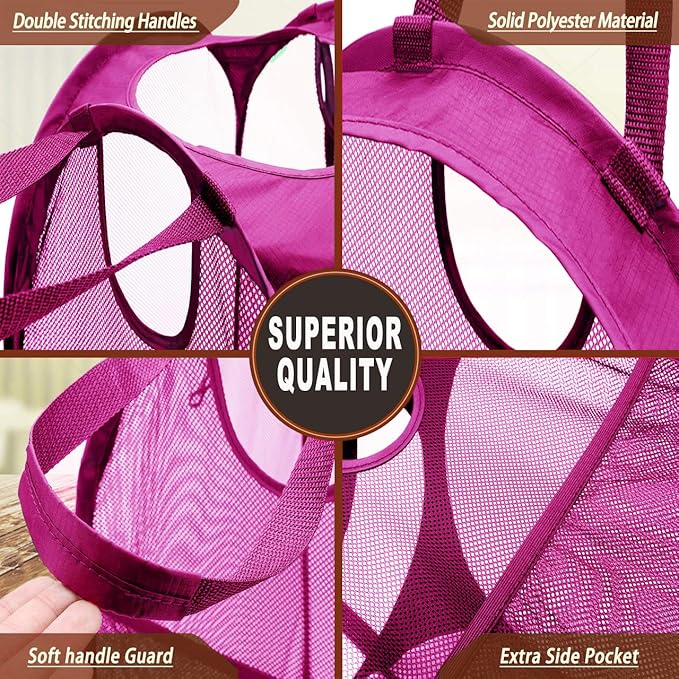 Strong Mesh Pop-up Laundry Hamper, Quality Laundry Basket with Durable Handles Solid Bottom High Carbon Steel Frame, Easy to Open and Fold Flat for Storage (Pink)