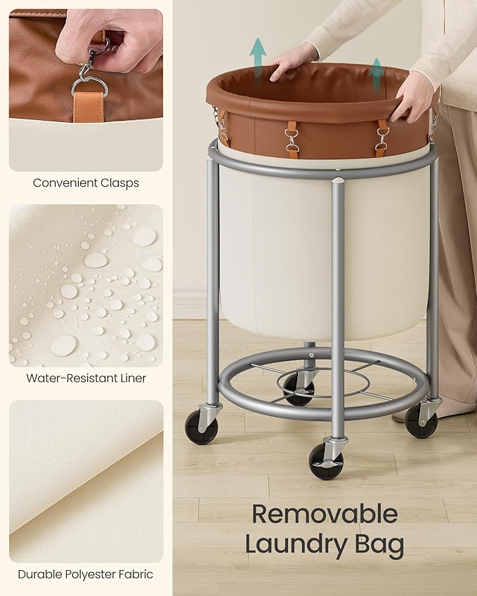 SONGMICS 29-Gallon (110 L) Laundry Basket with Wheels, Rolling Round Heavy-Duty Laundry Hamper Cart with Steel Frame and Removable Bag, 2 Locking Wheels, Coffee Brown and Cream White URLS002KQ02