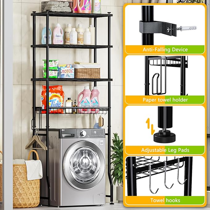 Over-The-Toilet Storage Rack, 4-Tier Bathroom Organizer Shelf Over Toilet with Adjustable Shelf and Basket, Freestanding Space Saver Bathroom Shelves Above Toilet for Room (Black)