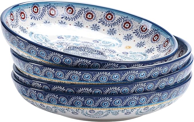 Bico Havana Pasta Bowls, 35oz Salad Bowl Set of 4, Large Ceramic Serving Dinner Bowls for Soup and Cereal, Microwave and Dishwasher Safe, Gift for Housewarming and Thanksgiving