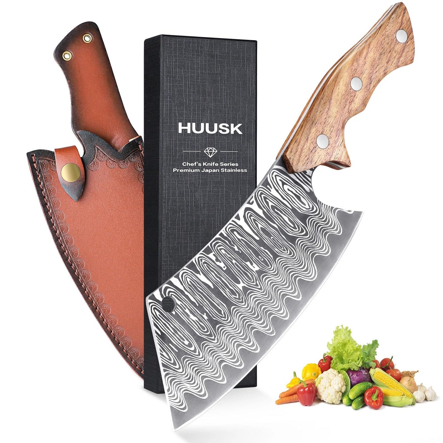 Huusk Meat Cleaver Knife with Sheath - Butcher Knives for Meat Cutting