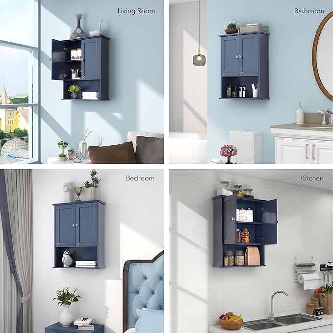 Bathroom Wall Cabinet Navy Blue Over Toilet Storage Cabinets 24x30 in Above Toilet Wood Medicine Cabinets Wall Mounted Bathroom Cabinet with 2 Door & Adjustable Shelf