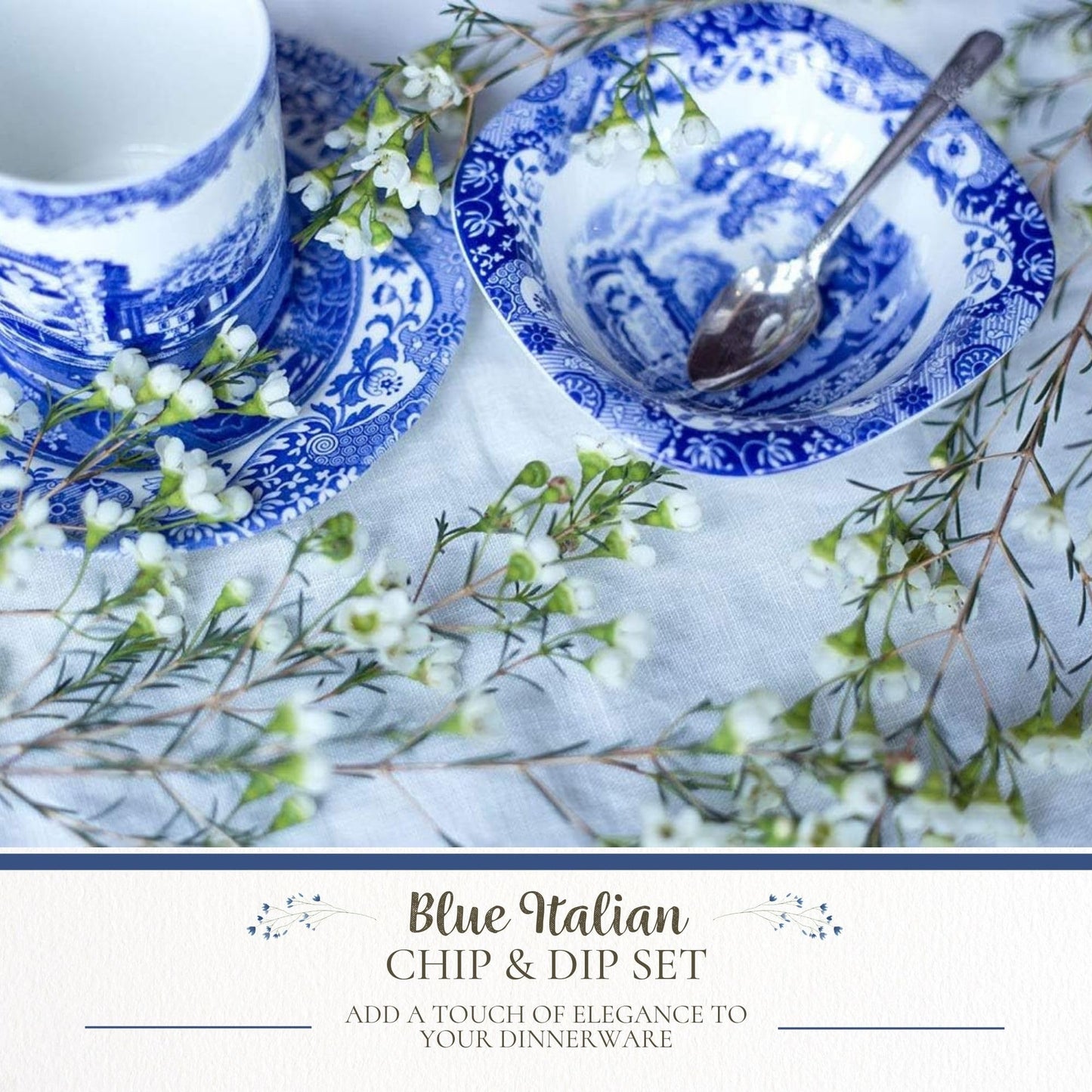 Spode Blue Italian Dip Bowl Set of 3 - 5-Inch Porcelain Bowls with Oriental Design, Dishwasher & Microwave Safe Tableware for Dip, Side, Appetizers, Dessert - Blue & White Dinnerware