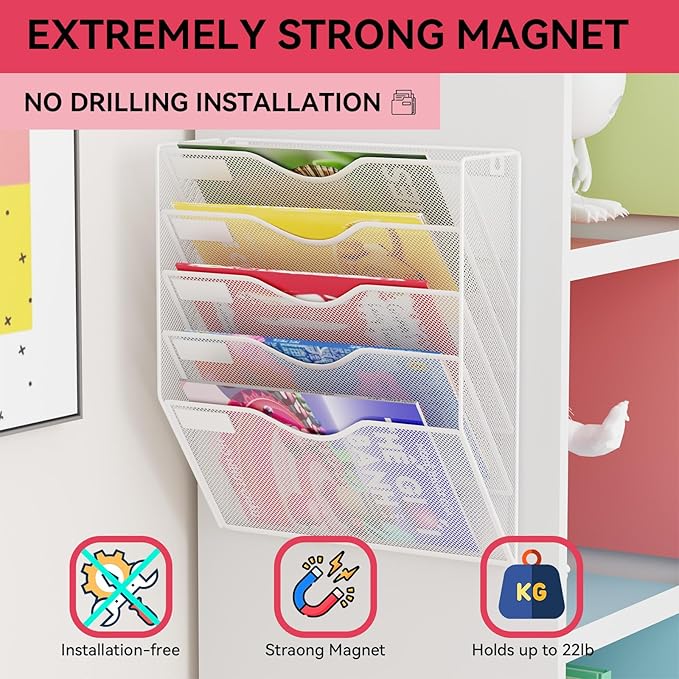 5-Tier Magnetic File Holder, No Drilling Wall File Organizer, File Folder Bins, Mail & Magazine Rack, Magnetic Paper Document Holder for Refrigerator File Cabinets Whiteboard, White