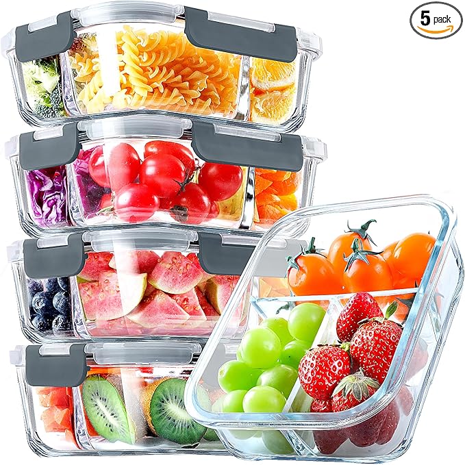 VERONES 5 PACK 36 OZ Glass Food Storage Containers 3 Compartment Set, White