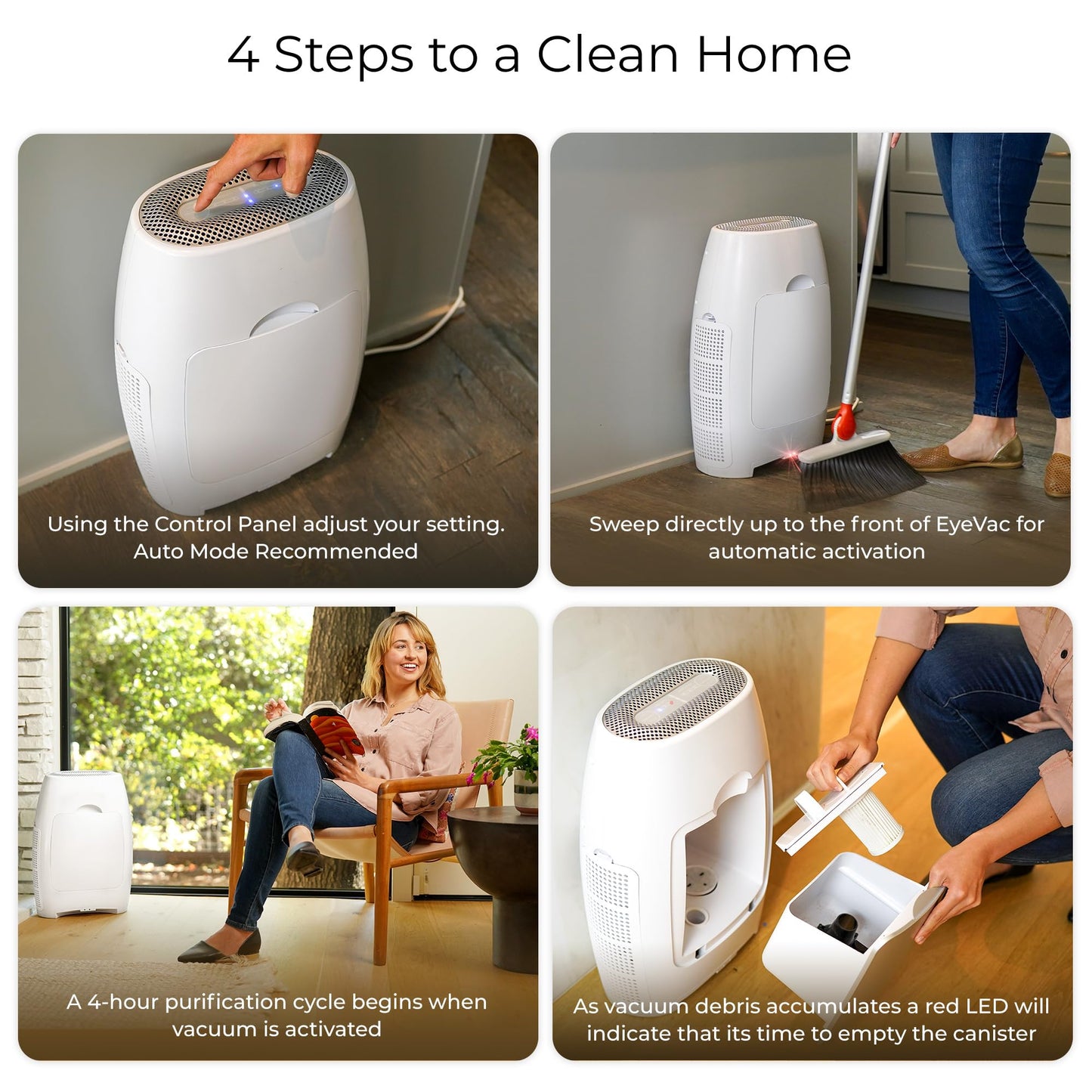EyeVac Air 2-in-1 HEPA Air Purifier & Touchless Vacuum Automatic Dustpan - Ultra Fast & Powerful - Covers 600 Sq ft - Corded Canister Vacuum, Bagless, Automatic Sensors, 1000 Watt (White/White)
