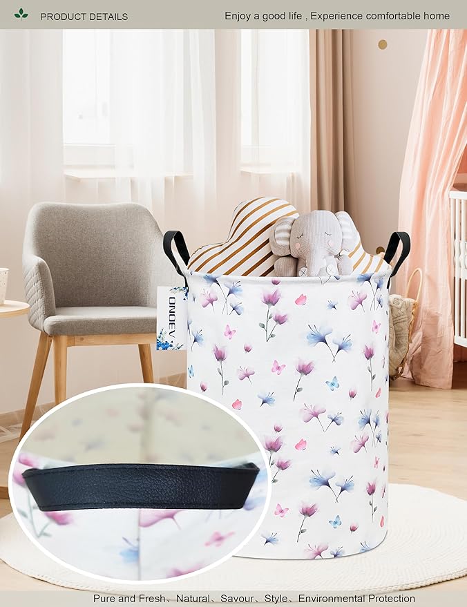 Round waterproof laundry basket,laundry Hampers with handle,gift basket,suitable for children's room and toy storage (Watermark flower)
