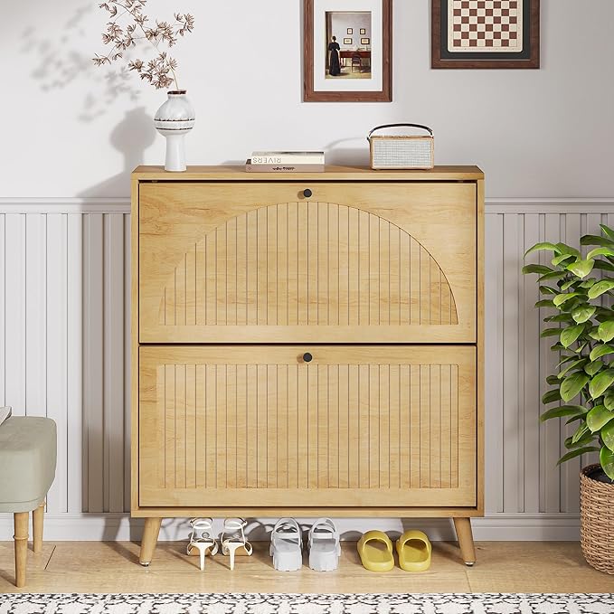 Shoe Storage Cabinet for Entryway with 2 Flip Drawers, Narrow Wood Shoe Cabinet with Fluted Panel, Freestanding Hidden Shoe Organizer for Foyer, Hallway (Wood Color - No Shelf)