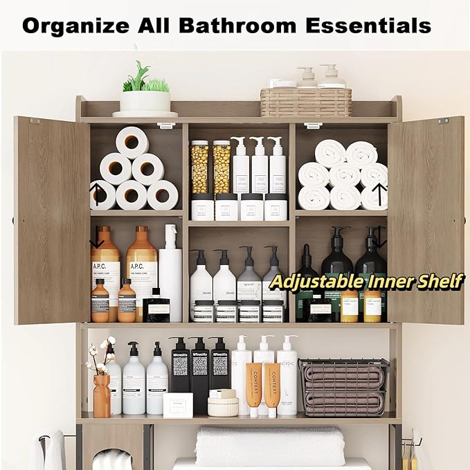 EasyCom Over The Toilet Storage Cabinet with Metal Frame and 7 Storage Shelves, Bathroom Organizer with Adjustable Shelves and Paper Holder, Farmhouse Storage Cabinet for Bathroom, Laundry, Oak Grey