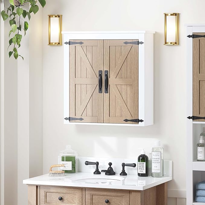 Spirich Bathroom Wall Cabinet Over Toilet, Farmhouse Wall Mounted Medicine Cabinet Organizer with Wood Grain Barn Doors and Adjustable Shelves