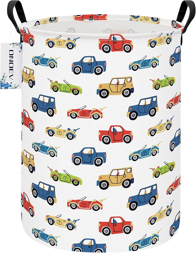 Round Foldable Kids' Racing Cars Laundry Hamper Boys Gift Basket Vehicles Transportation Suitable For Home Decoration and Toy Storage(Car)