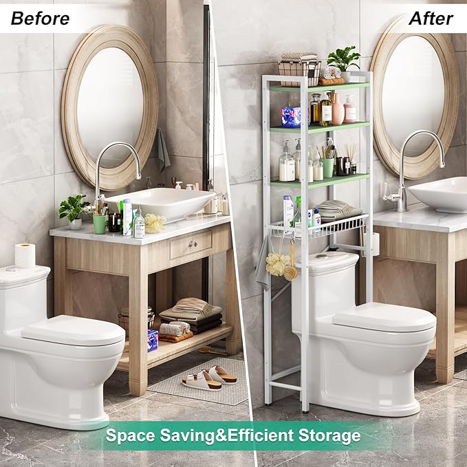 Over-The-Toilet Storage Rack, 4-Tier Bathroom Organizer Shelf Over Toilet with Adjustable Shelf and Basket, Freestanding Space Saver Bathroom Shelves Above Toilet for Room (Avocado Green)