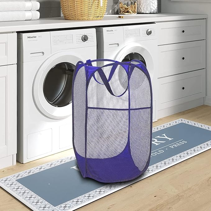 BATTOO Deluxe Strong Mesh Pop up Laundry Hamper Basket with Side Pocket Foldable Hamper for Laundry Room, Bathroom, Kids Room, College Dorm or Travel Royal Blue