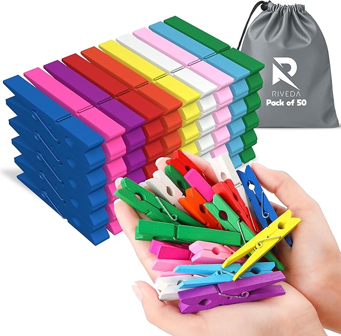 RIVEDA 50pcs Colored Wooden Clothes Pins, 2.9inch 10 Colors, Clothespins for Classroom, Clip Hanging Photos, DIY Clips for Crafts, Decorations