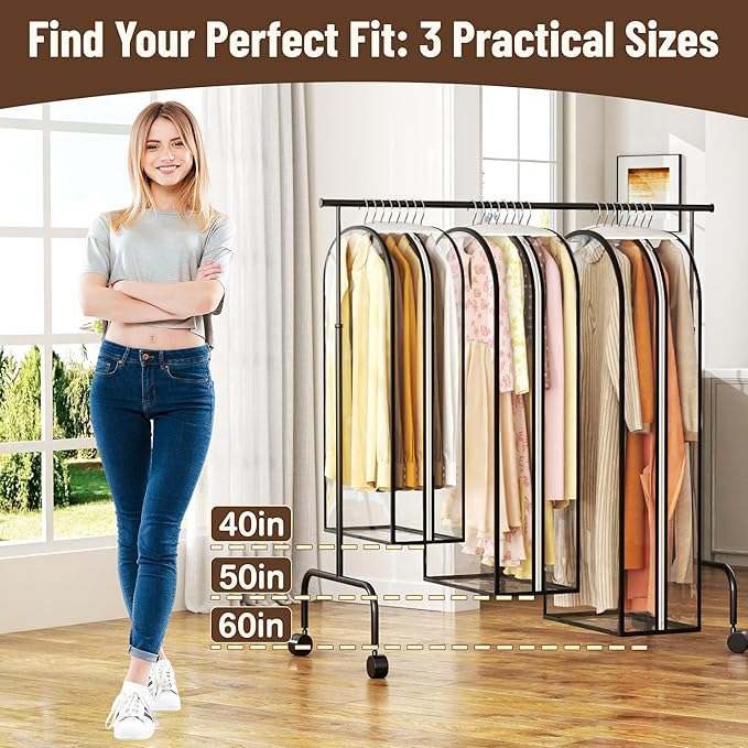 Garment Bags for Hanging Clothes 40” Long,Ultra Clear Suit Bags for Closet Storage, Moving Organization, Travel Covers with 10" Gussets for Coat, Dress, Shirt and Sweater - 3 PCS