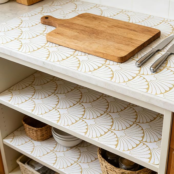 Shelf Liners Non Adhesive Gold Background White Fan-Shaped Pattern - Thickened Non-Slip Easy to Clean Drawer Liner for Kitchen Cabinets, Tool Box,Refrigerator,with Knife & Tape Measure,17in x 20FT.