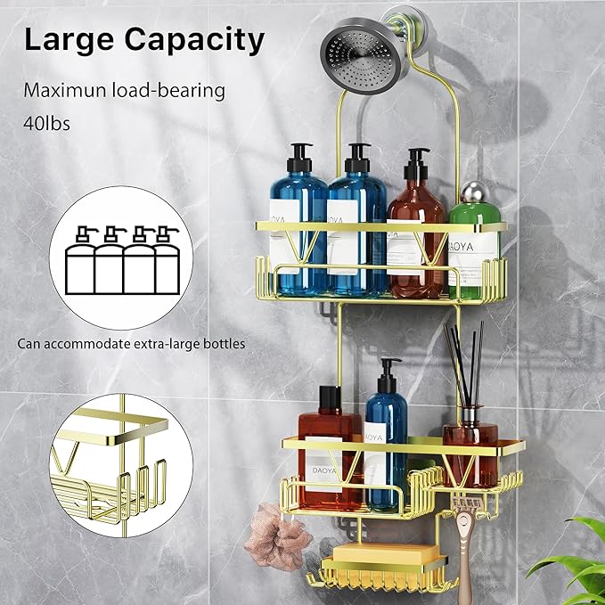 Golden Stainless Steel Shower Caddy Hanging with 2-Tier Baskets, Soap Holder & Razor Holder - Non-Slip Rubber Pads for 0.82" Shower Heads, Enhanced Stability & Elegant V-Smile Design
