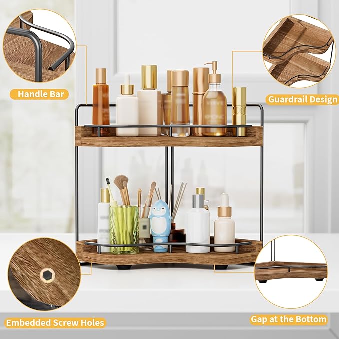 2-Tier Corner Bathroom Counter Organizer with Embedded Screw Holes, Secure & Stable Wood Vanity Shelf for Makeup and Skincare Essentials - Space Saving Bathroom Countertop Storage, Dark Brown