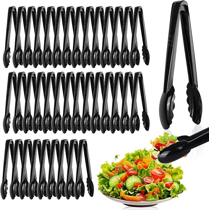 Mwellewm 12 Pc Serving Tongs 9 Inch Bulk Reusable or Disposable Plastic Tongs Heavy Duty Hard Plastic Serving Utensils Set Large Salad Tong for Kitchen Party Food Buffet Appetizer Catering(Black）