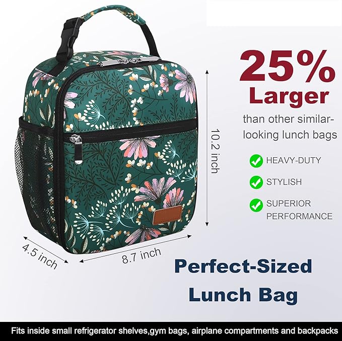 Femuar Lunch Box for Men Women Adults Small Lunch Bag for Office Work Picnic - Reusable Portable Lunchbox, Malachite Green Flower