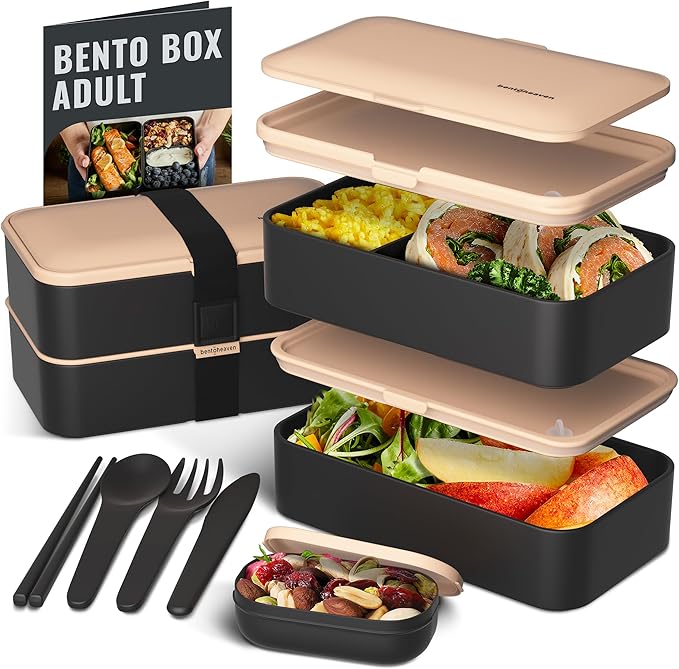 Bentoheaven Bento Box Adult, Stackable Lunch Box, 40 oz, Symph Onyx