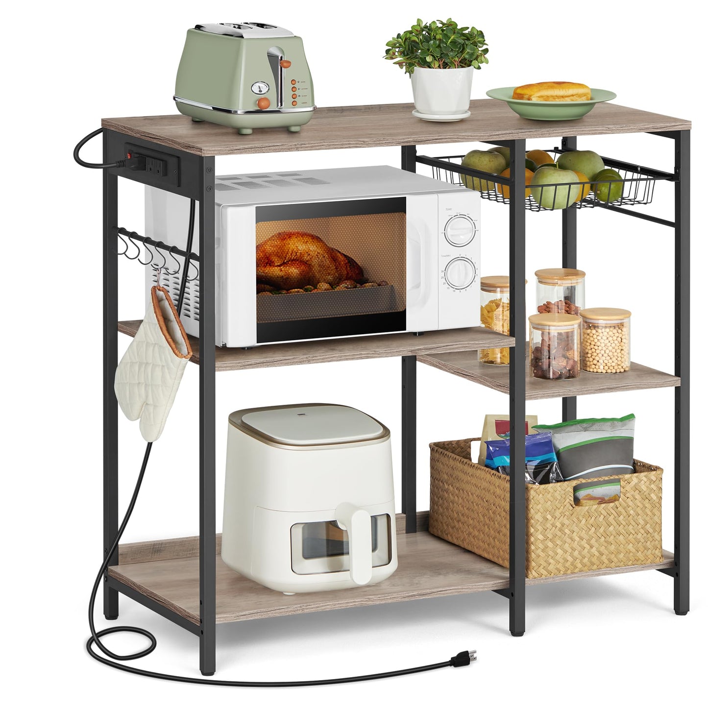 VASAGLE Kitchen Baker’s Rack, Steel Frame, Wire Basket, 6 Hooks
