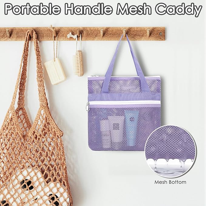 Mesh Shower Caddy Portable Shower Bag for Travel, Gym, Camping – Quick-Dry Hanging Toiletry Organizer with Zipper Pockets for Bathroom Essentials,Purple