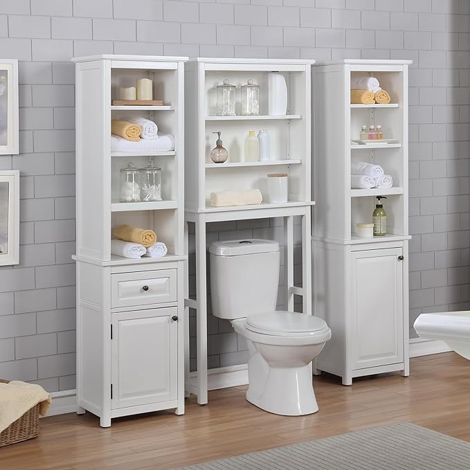 Alaterre Furniture Dorset Over-The-Toilet Storage Cabinet Set – Space-Saving Open Wall Cabinet with Adjustable Shelves, Zinc Metal Hinges, and Nylon Floor Levelers (White)