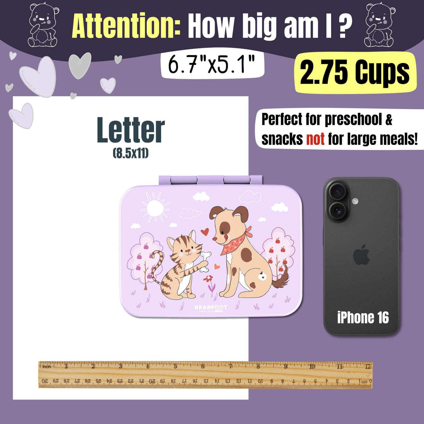 BEARFOOT Kids Lunch Box with Compartments – Compact & Lightweight | Leak-Proof, BPA-Free, Dishwasher Safe | Hand-Drawn Design for Preschool, School, Travel (Sticker Purple, 2.75 Cups)