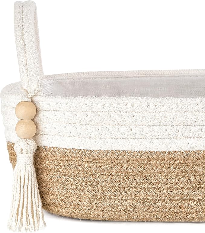 Mkono Small Storage Basket for Toilet Tank Top Boho Bathroom Decor Woven Rope Toilet Paper Tray Organizer for Shelf Bedroom Living Room, Brown and White, 1 Pack, 13" L x 6" W