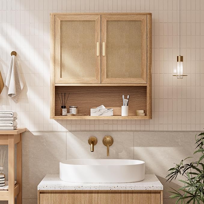 Rattan Bathroom Wall Cabinet with Open Compartments, Wall-Mounted Medicine Cabinet with Adjustable Wood Shelf & Doors, Over The Toilet Storage Cabinet for Laundry Room & Kitchen & Living Room
