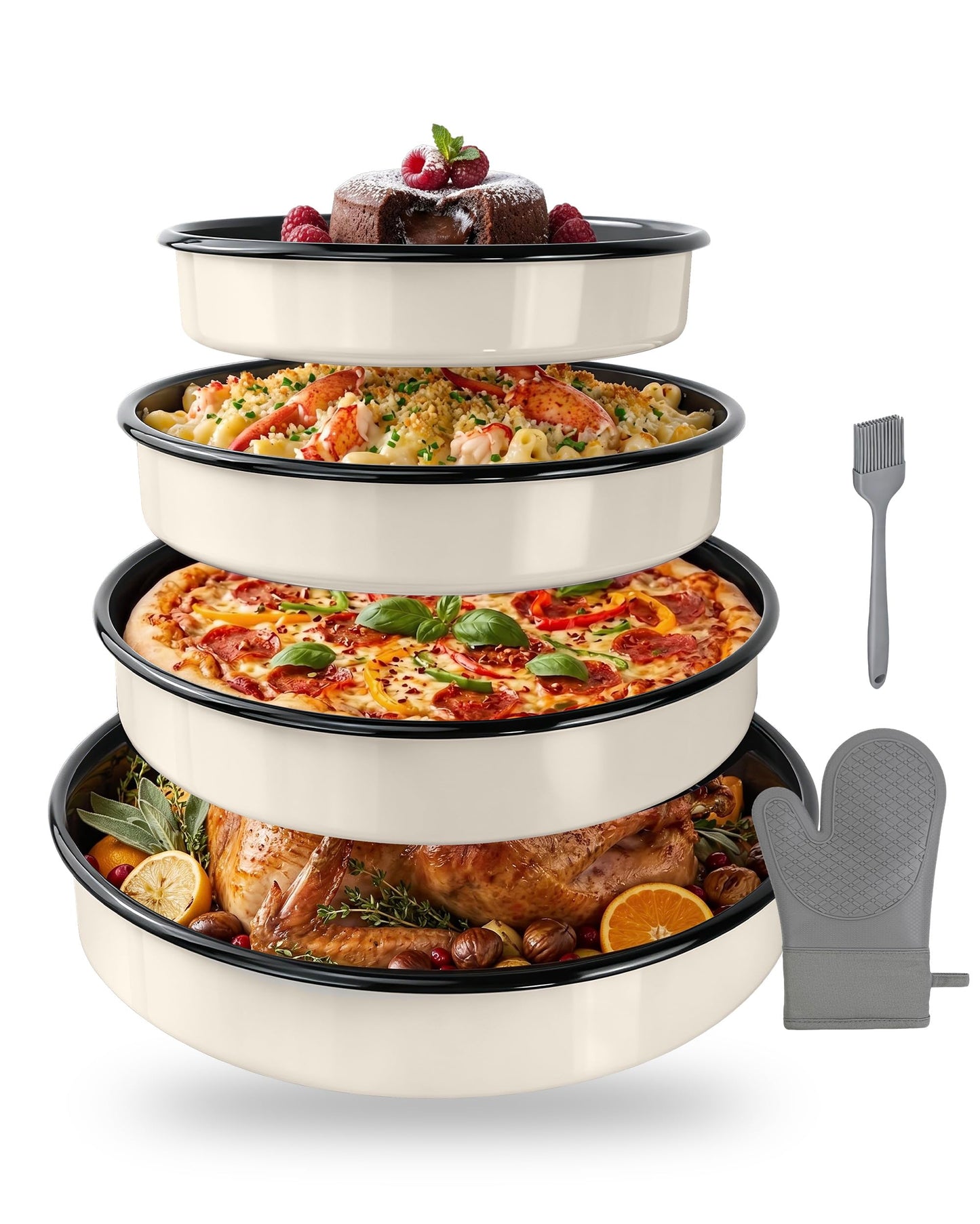 MCCSI Round Turkey Roasting Pan Set of 4, Enamel Deep Dish Pizza Baking Pan