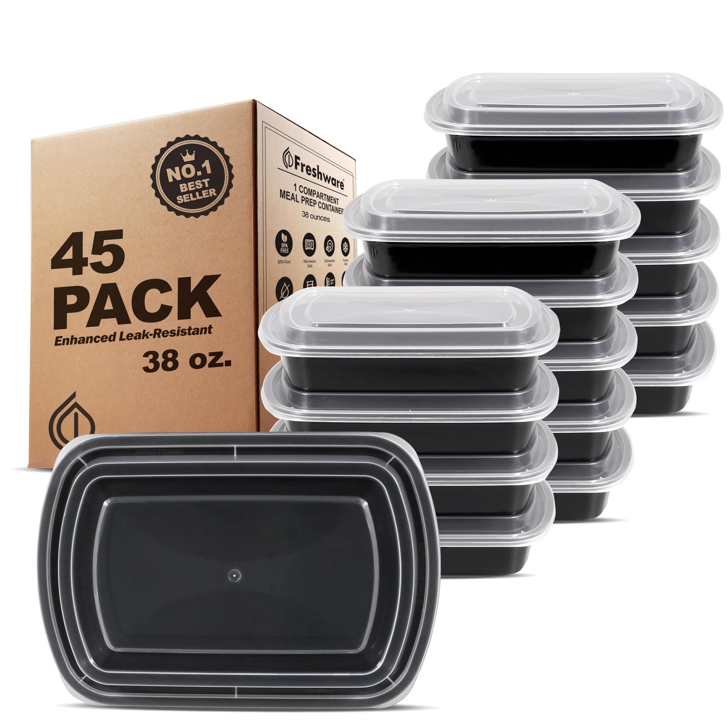 Freshware Meal Prep Containers [45 Pack] 1 Compartment with Lids, Food Storage Containers, Bento Box, BPA Free, Stackable, Microwave/Dishwasher/Freezer Safe (38 oz)