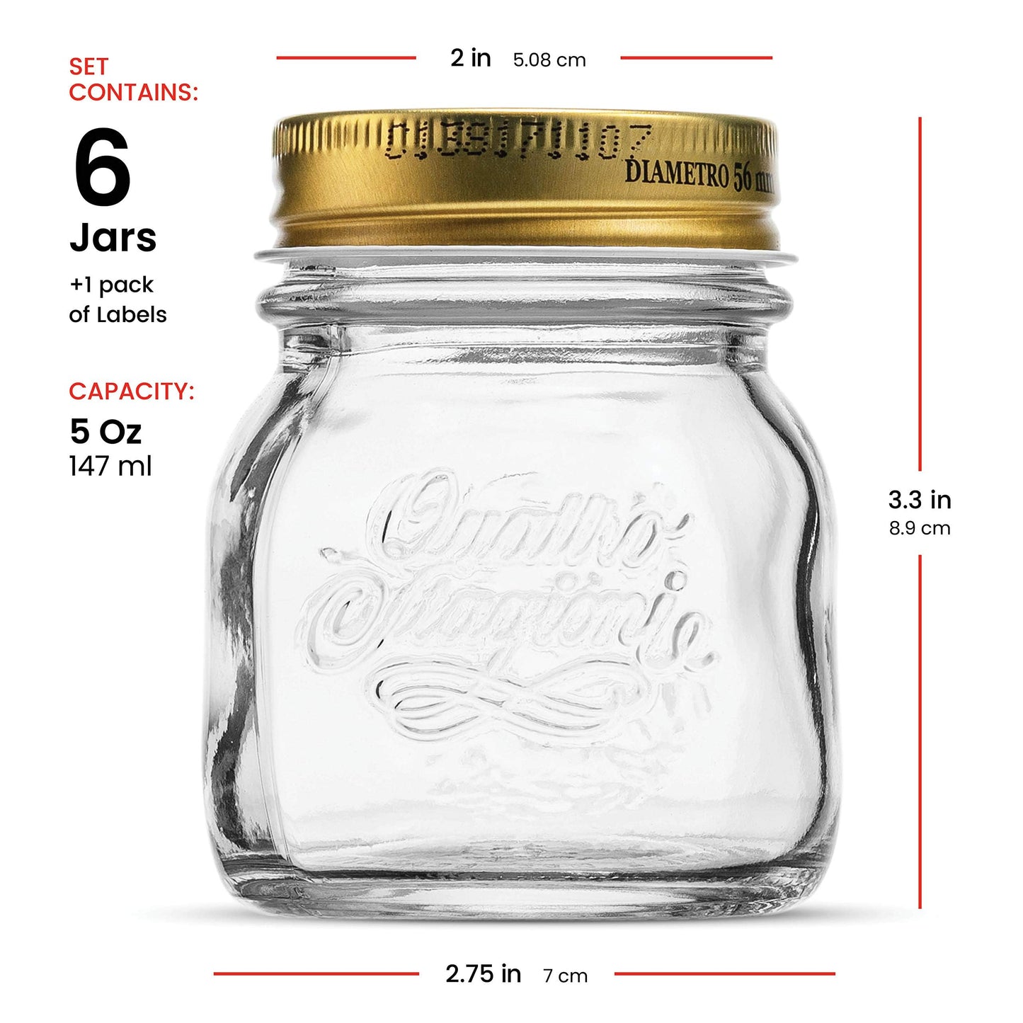 Bormioli Rocco Quattro Stagioni Small Glass Mason Jars 5 Ounce Mini Jars (6-Pack) with Metal Airtight Lid, For Jam, Jelly, baby food, Crafts, Spices, Dry Food Storage, Wedding favors, Decorating Jar