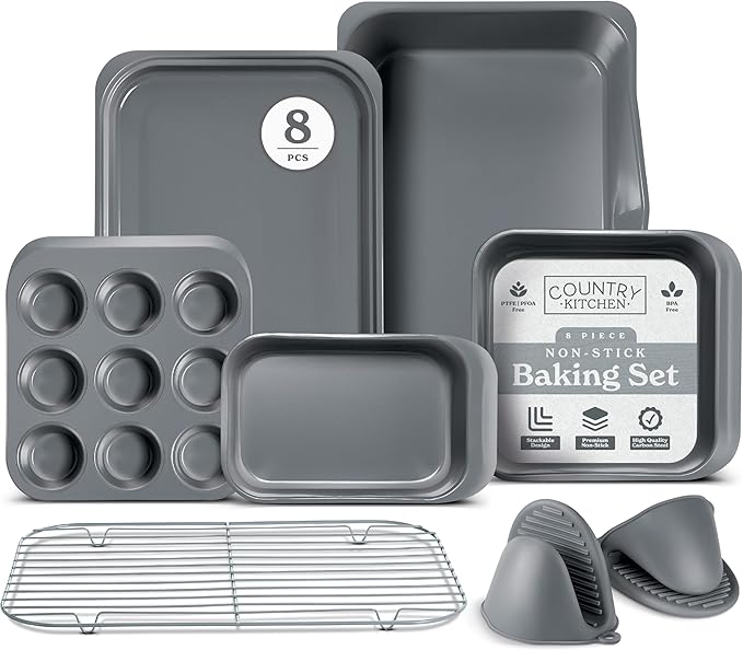 Country Kitchen Nonstick Stackable Bakeware Set - Deluxe Heavy Duty, Durable, Easy Release Baking Set, 8 Pcs, Cream