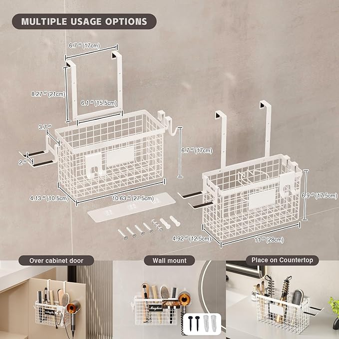 Hair Dryer Holder Cabinet Door 3-in-1 Adhesive Hair Tool Organizer Wall Mounted Adjustable Height Blow Dryer Holder Under Sink Bathroom Hair Appliance Organizer and Storage Countertop(White)