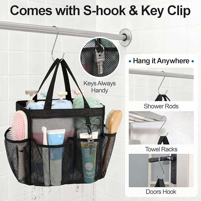 F-color Mesh Shower Caddy Portable, Upgrade Deeper 7 Pockets Shower Bag Basket Tote for College Dorm Room Toiletry Bathroom Essentials Gym Camp Quick Dry 2 handles with S Hook, Black