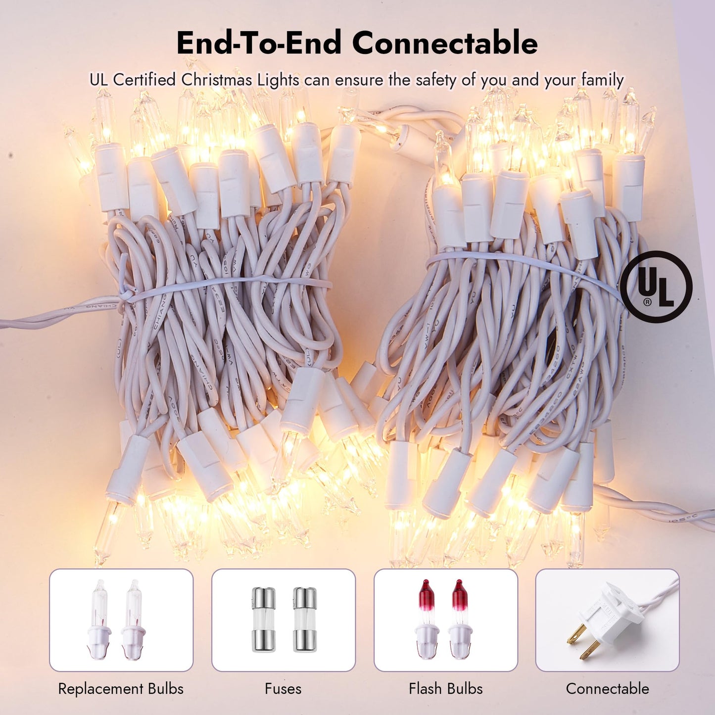 Dirnun Christmas Lights Clear White 70 Count Incandescent Light UL Certified Connectable Christmas Tree Lights with White Wires for Indoor Outdoor Xmas, Wedding, Holiday, Party, Home Decorations