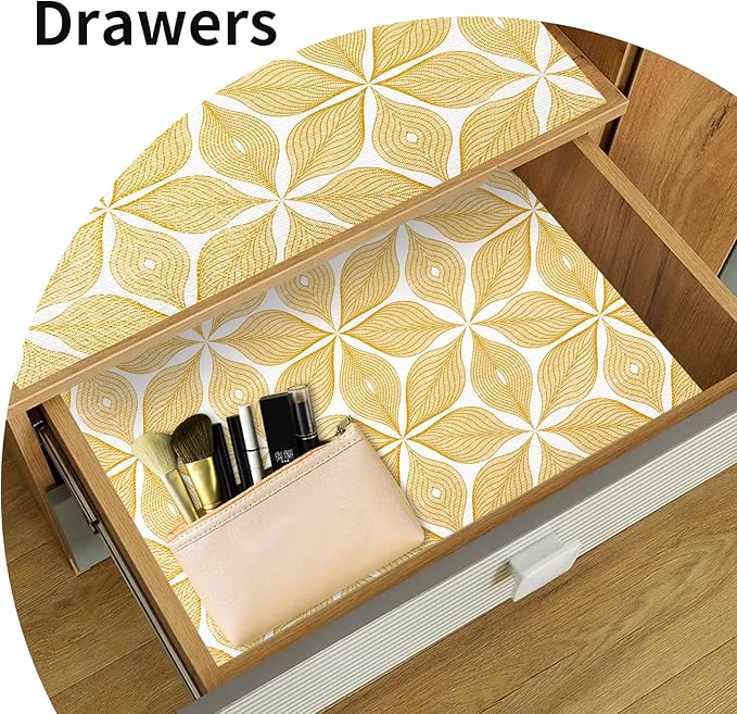 Shelf Liners for Kitchen Cabinets 23.62in x 39.5FT, Non Adhesive Cabinet Liner Strong Non-Slip Golden Leaf Drawer Liner, Easy to Clean for Shelf, Cabinet with Knife and Tape Measure