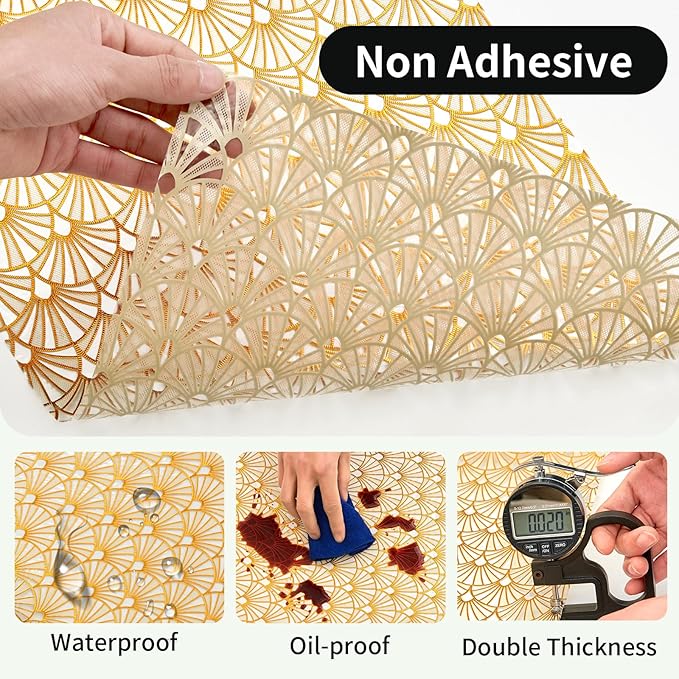 3D Drawer and Shelf Liner for Kitchen Cabinet: 12 in X 30 Ft Waterproof Shelf Paper Non Adhesive Refrigerator Liners Golden Ginkgo Leaf Easy Liners for Bathroom with Knife Tape Measure